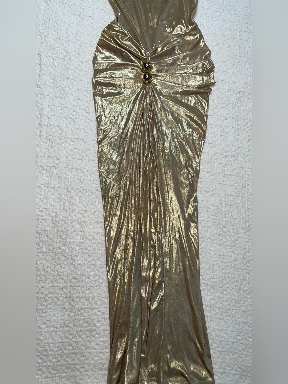 Stunning Gold Metallic Ruched Maxi Dress | Size Small - Picture 2 of 9